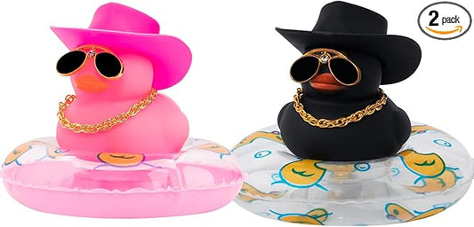 woonu 2Pcs Car Dashboard Decorations: Color Ducks & Cowboy Accessories with Mini Hat Sunglasses & Swim Ring - Pink & Black Ducks, Pink & Black Cowboys