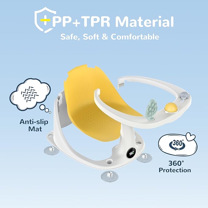 Coldew Baby Bath Seat for Babies 6 Months & Up, Non-Slip Toddler Bath Seat for Baby Sitting Up, Safe Baby Bath tub Seat with Suction Cups, Soft Cushion, Baby Bath Chair Yellow