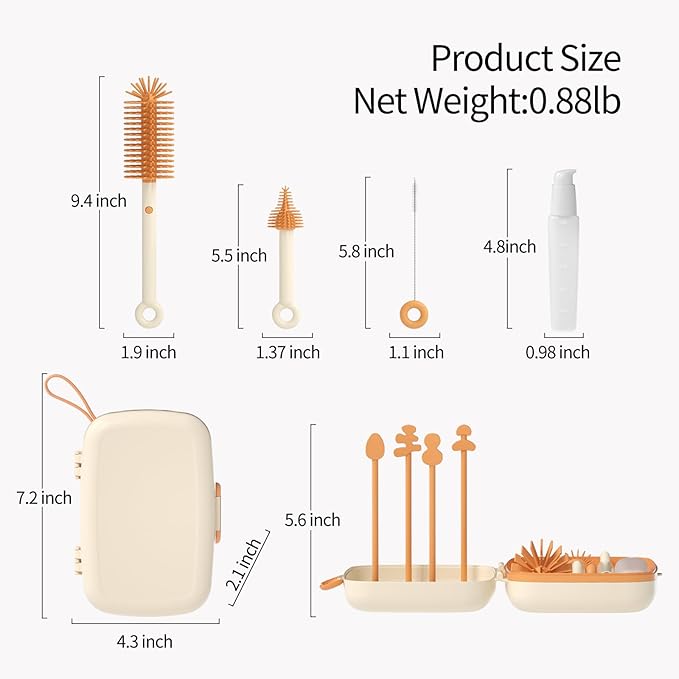 7in1 Travel Bottle Cleaner kit,Baby Essentials, with Bottle Brush、Nipple Brush、Straw Cleaner Brush、Soap Dispenser、Bottle Drying Rack、Drainage Tray、Storage Box,Baby Travel Essential (White)