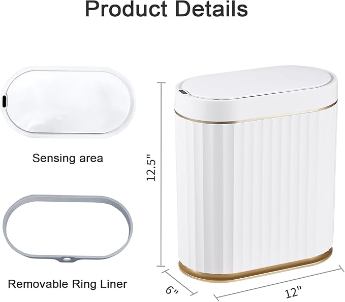 ELPHECO Automatic Motion Sensor Trash Can - 2 Gallon Slimline for Bathroom, Bedroom, Kitchen, Office - White with Gold Trim