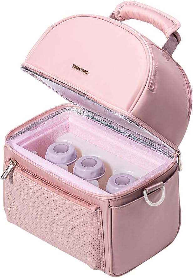 Sunveno Breastmilk Cooler Bag Set with 2 Ice Packs & Detachable Insulation Box, 15-Hour Cold Retention Foil-Lined Leak-Proof Tote Fits 3 Baby Bottles for On-The-Go Pumping Moms, Daycare & Travel,Pink