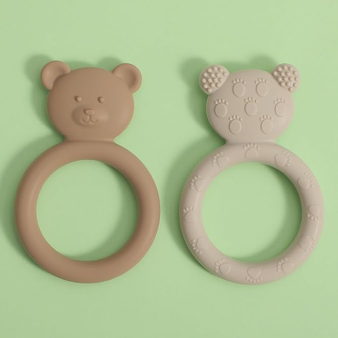 Silicone Baby Teether, Teething Toy Ring for Babies, Easy to Hold Design, BPA Free (Sand + Light Grey)