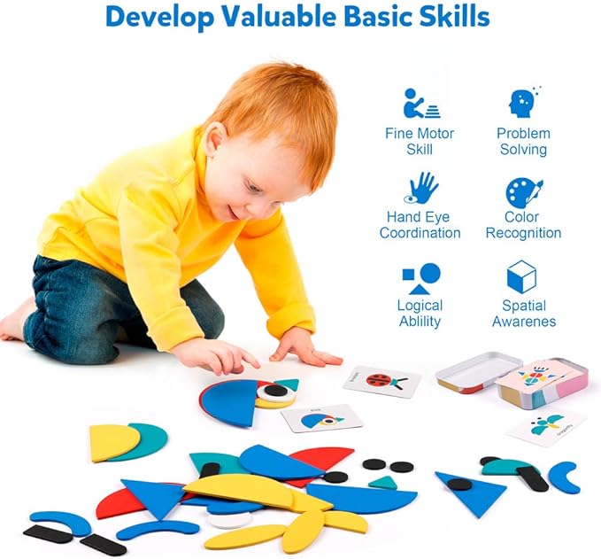 Coogam Wooden Pattern Blocks - Tangram Shape Puzzle Set Color Sorting Stacking Game Wood Animal Jigsaw Preschool Montessori Brain Teaser STEM Gift for 3 4 5 Years Old Toddler Kids (60 Pattern Cards)