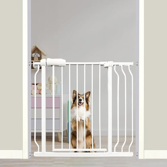 Auto Close Baby & Dog Gate 34-38.5 Inch, Tension Safety Gate Indoor, White Metal, Walk-Through Child Gate for Kids & Pets