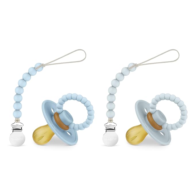 Luladream Pacifier and Clip Set - Natural Rubber Nipple - Soft Teething Handle - for Infants Baby's and Toddlers, 0-18 Months (Sky Blue + Ash Blue + Clips)