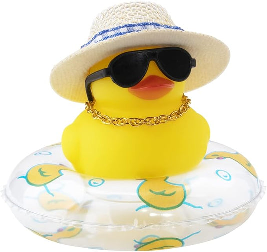 wonuu Car Rubber Duck, Yellow Duck Decoration Dashboard with Sun Hat Swim Ring Necklace Sunglasses for Car Dashboard Decorations