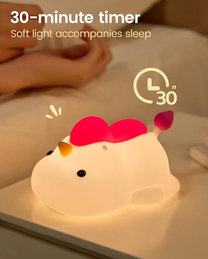 Unicorn Night Light for Kids, Soft Silicone Tap Control Lamp with 30-Min Auto-Off Timer, Rechargeable Portable LED Bedroom Bedside Light for Baby Nursery Toddler