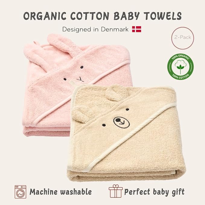Baby Hooded Towel – Organic Cotton Baby Bath Towels, 32" x 32" Super-Soft and Absorbent Baby Towels for Newborn 2-Pack (Rabbit Blush/Bear Fog)