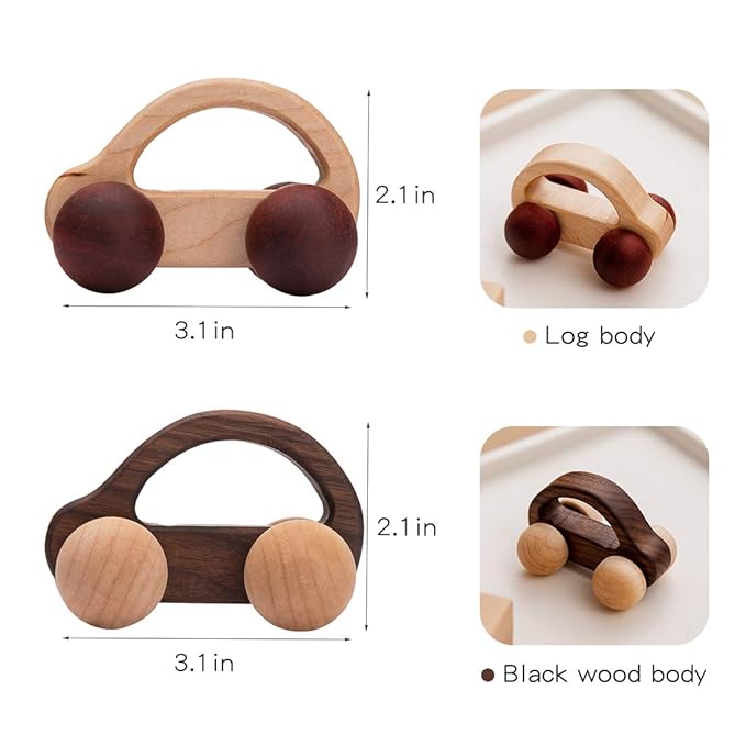 Organic Baby Push Car Wooden Toys 2pc Wood Car and Fine Movement Development and Infant Grasping Montessori Toys