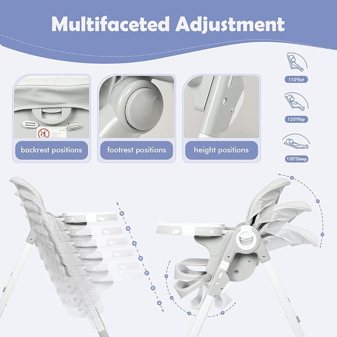 4 in 1 High Chairs for Babies and Toddlers, Convertible Foldable Baby High Chairs, Feeding and Eating Seat Highchair with 4 Levels of Recline and 7 Levels of Height Adjustment, Gray
