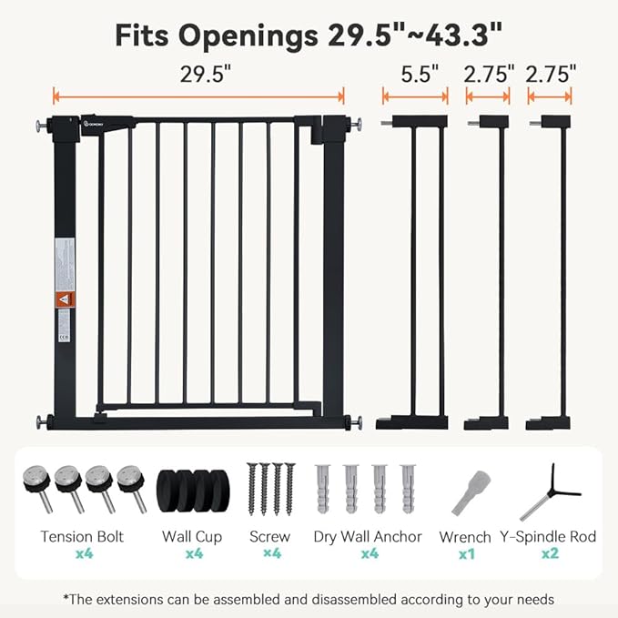 COMOMY 30" Tall Baby Gate for Stairs Doorways, Fits Openings 29.5" to 43.3" Wide, Auto Close Extra Wide Dog Gate for House, Pressure Mounted Easy Walk Through Pet Gate with Door, Black