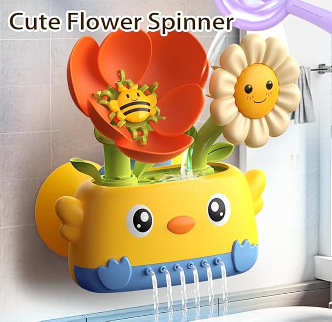 Durable Bath Toys for Toddlers 1-3 with Spinning Flower, Baby Waterfall Bathtub Toy W/Suction Cup and Spoon,Kids Bathtub Shower Play Set for Fun Bath Time Play
