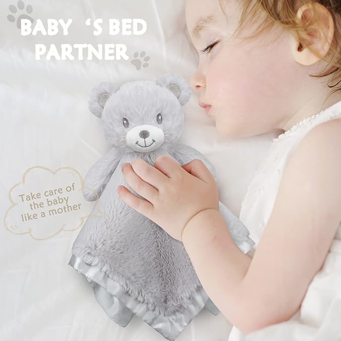 Bear Security Blanket Soft Minky Baby Lovey Animal Plush Blanket Unisex Lovie Gift for Toddler, Boys and Girls, 13.5 Inch (Grey)