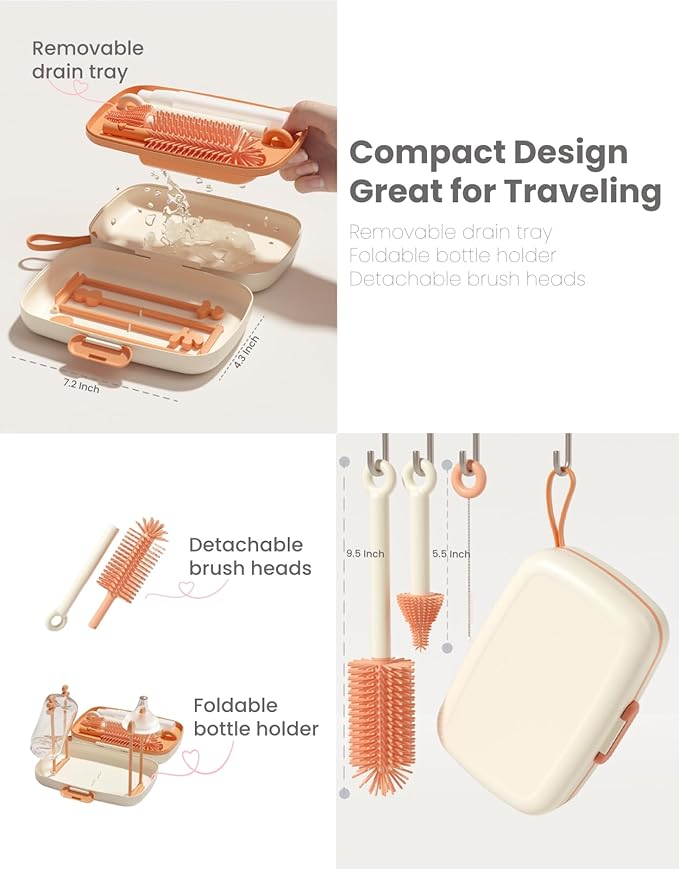7 in 1 Baby Bottle Brush Set with Silicone Brush, Nipple Brush, Straw Brush, Soap Dispenser, Bottle Drying Rack, Storage Box - Baby Essentials for Home and Travel, Idea Gifts