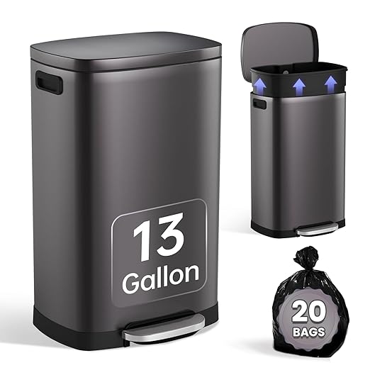 ELPHECO Kitchen Trash Can with Lid Soft Close, 13 Gallon / 50L Stainless Steel Pedal Garbage Can, Heavy-Duty Step Wastebasket with 20 Bags, Removable Bucket, Home Office, Titanium Black