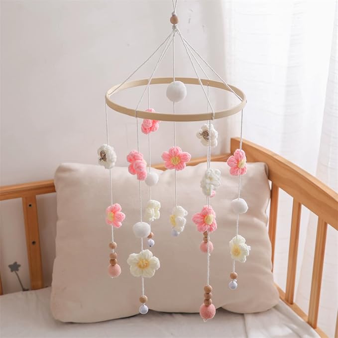 Baby Mobile for Crib - Modern Baby Mobile - Nursery Mobile for Girl or Boy - Hand-Crocheted Colourful Little Flower - Baby Crib Mobile for Boys Girls (C)