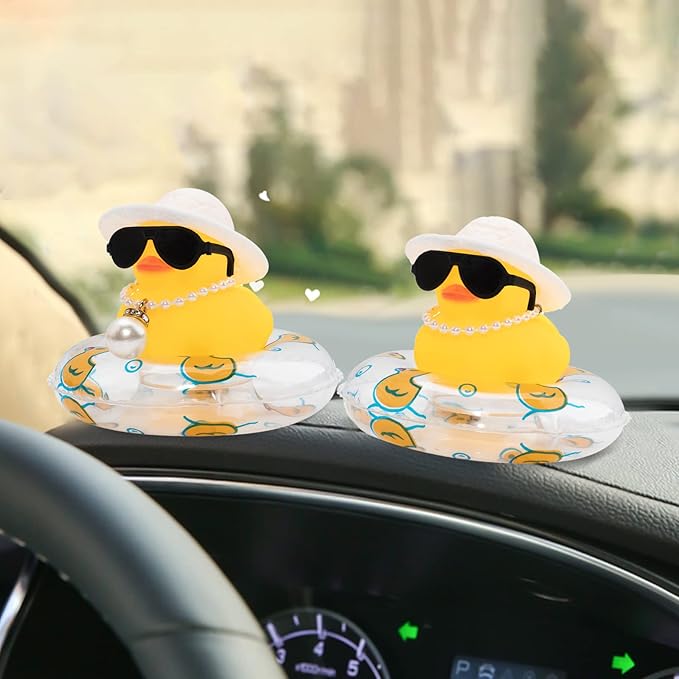 wonuu Car Rubber Duck, Yellow Duck Decoration Dashboard with Sun Hat Swim Ring Necklace Sunglasses for Car Dashboard Decorations