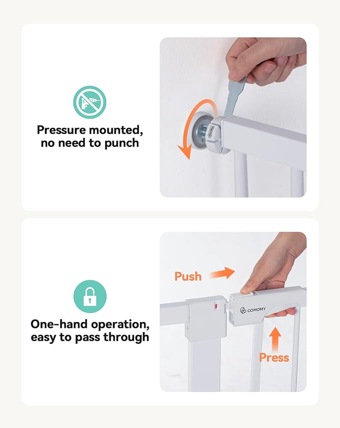 COMOMY 36" Extra Tall Baby Gate for Stairs Doorways, Fits Openings 29.5" to 40.6" Wide, Auto Close Sturdy Safety Dog Gate for House, Pressure Mounted Easy Walk Through Pet Gate with Door, White