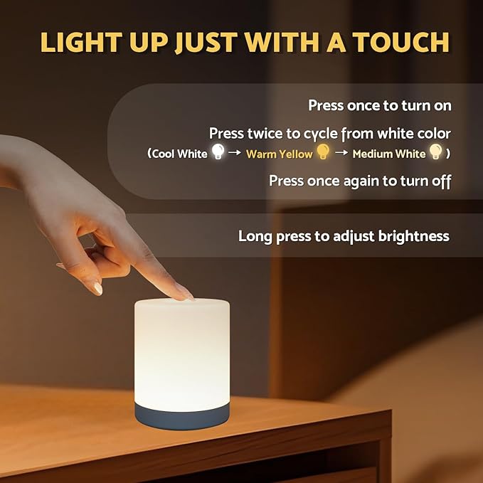Touch Night Light for Baby Nursery, 3 Color Dimmable Night Light Battery Operated for Kids, Adult, Tap Nightlight Rechargeable, Cordless Small Lamp Portable for Bedroom, Bathroom, Nightstand, Hallway