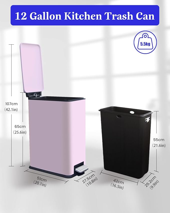 12 Gallon Slim Kitchen Trash Can, Stainless Steel Trash Can with Removal Inner Bucket and Soft-Close Lid, Pedal Garbage Can 45 Liter, Pink