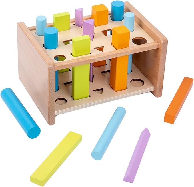 Montessori Toys for 1 2 3 Years Old Wooden 3D Shape Matching Toys,Wooden Posting Stand Montessori Color Sorting Sticks Game-Cognitive Shapes Colors,Educational Sensory Toy for Boys Girls Gift（15 Pcs）