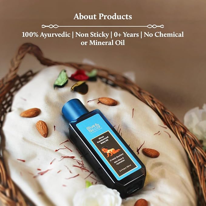 Blue Nectar Baby Oil with Pure Kumkumadi Oil for Glow & Hydration | Ayurvedic Baby Massage Oil for New Born | 100% Natural & Safe Baby Product for Delicate Skin (17 Herbs, 3.38 Fl Oz)