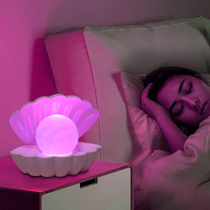 Shell Pearl Beach Themed Night Light, RGB 8 Colors Changing Mood Shell Pearl Lamps, Bedside LED Clamshell Portable Night Lights for Bar (Pink)