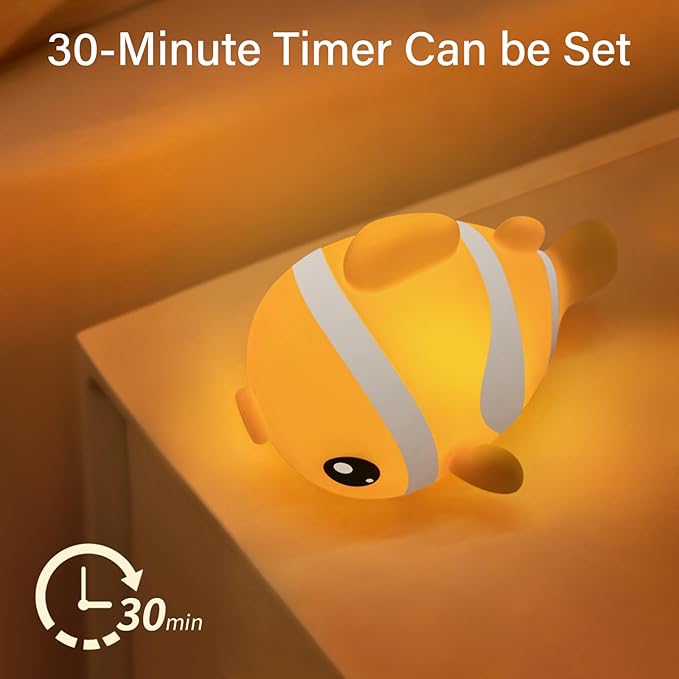 Cute Clownfish Night Light - Silicone Pat Pat Lamp with 3-Level Brightness Adjustment, Timer Function, Rechargeable Touch Control Nursery Nightlight for Baby Bedroom Decor