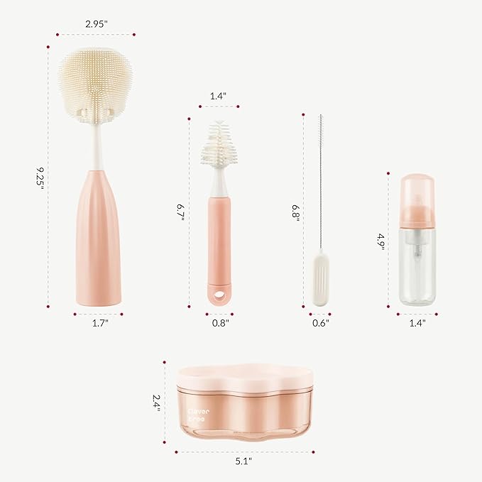 Baby Bottle Brush Kit with Push-Press Bubble and Drying Rack for Bottle Cleaning, Bendable Bottle Cleaner Brush for Baby Bottles, Breast Pumps, Nipples, Straws and More. Perfect for Home&Travel (Pink)