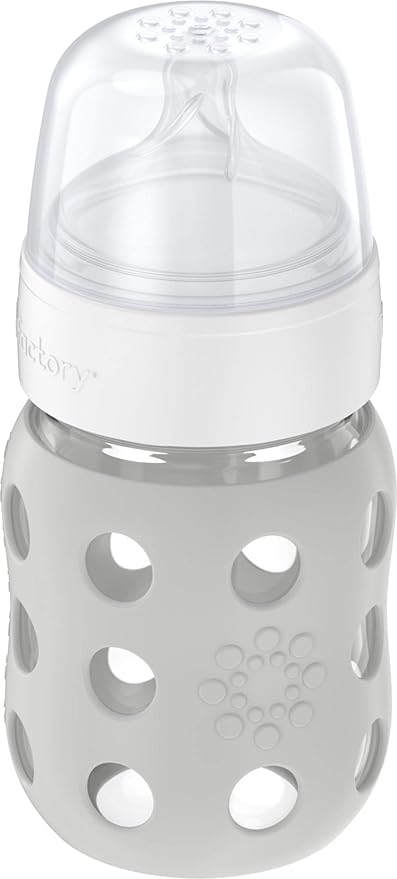 Lifefactory 8-Ounce Wide Neck Glass Baby Bottle with Protective Silicone Sleeve and Stage 2 Nipple, Stone Grey (LG2211WCG4)