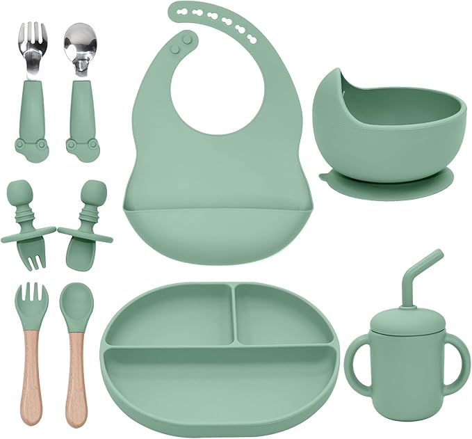 Silicone Baby Feeding Set 10Pcs, Toddler Plates with Suction Baby Bowls, Silicone Bibs for Babies, Toddler Cup, Baby Spoon & Fork, Baby Utensils Feeding Essentials for Starting Solids