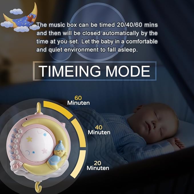 Baby Musical Crib Mobile with Timing Function Projector and Lights,Hanging Rotating Rattles and Remote Control Music Box with 150 Melodies,Crib Toy for Newborn 0-24 Months