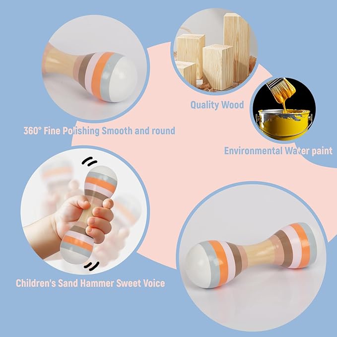Baby Maracas Hand Percussion Rattles, Wooden Rumba Shaker Musical Instrument for Kids Toddlers