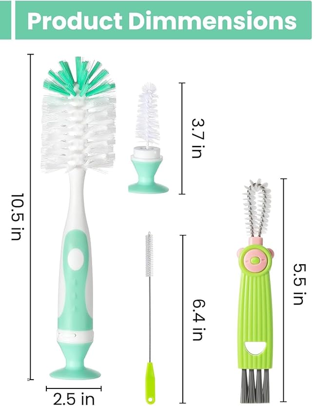 4-in-1 Baby Bottle Brush Set, Bottle Brush Cleaner, Bottle Cleaner Brush Set, Including Nylon Bottle Brush, Bottle Cap Brush, Straw Brush, Nipple Brush, BPA-Free (Green)