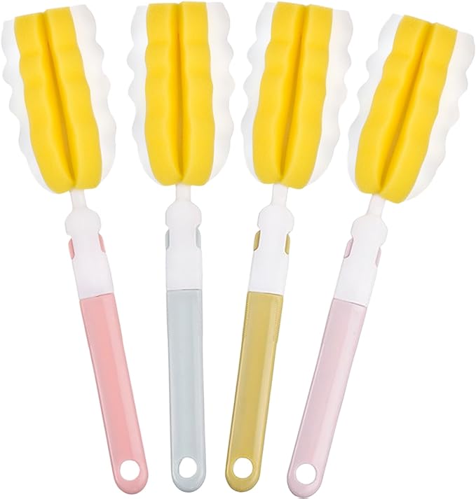 INVODA 4PCS Bottle Brush Long Handle Cup Cleaner Brush Sponge Bottle Scrubber Detachable Handle Portable Sponge Cleaning Brush for Baby Bottle Dishwashing Kitchen Clean Glasses Mugs (4 PCS)