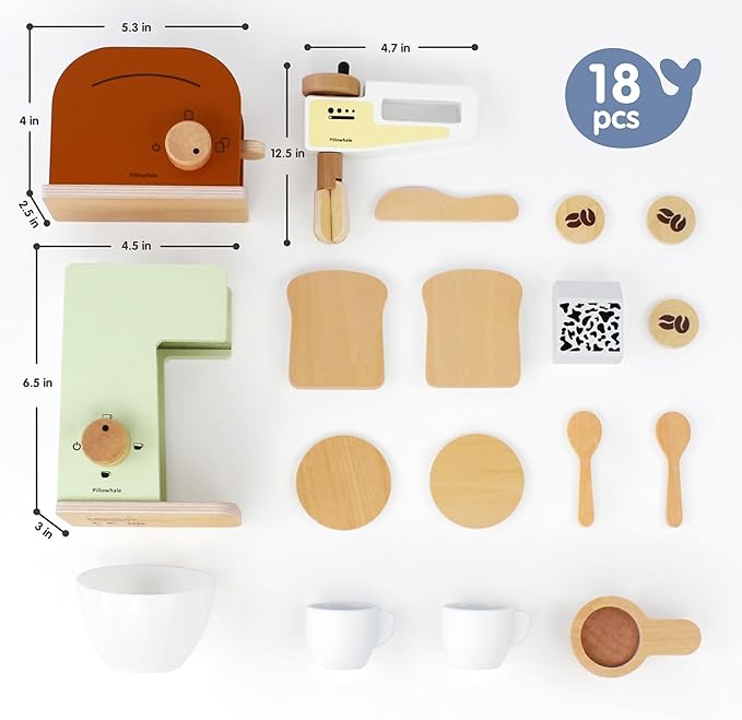 3-in-1 Wooden Café Playset Bundle – Pretend-Play Coffee Maker, Hand Mixer & Pop-Up Toaster with Accessories for Toddlers 3+
