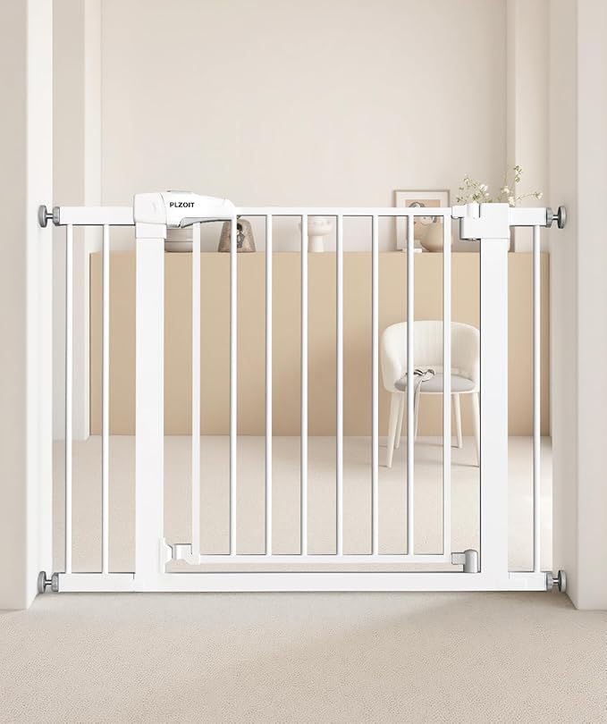 Baby Gate for Stairs, 29.5-40.5" Dog Gate for Doorways, Walk Thru Auto Close Metal Child Gate for The House, Stairs and Doorways, Pressure Mounted Pet Gate for Dog Indoor (White)