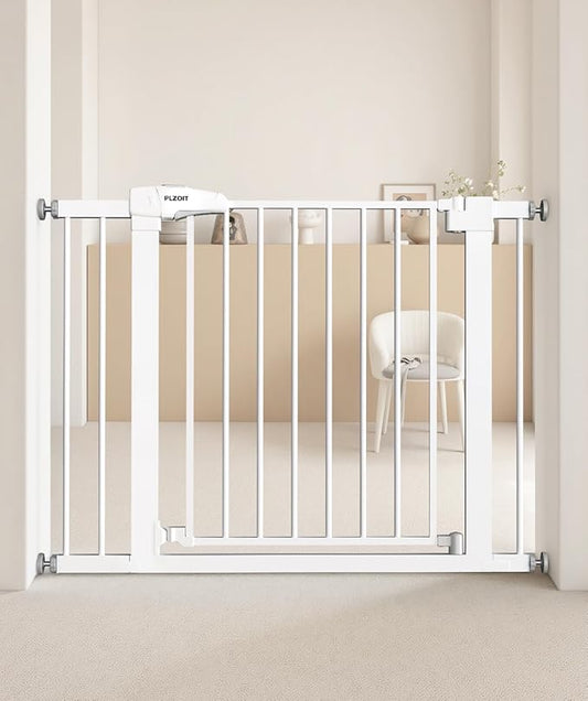 Baby Gate for Stairs, 29.5-40.5" Dog Gate for Doorways, Walk Thru Auto Close Metal Child Gate for The House, Stairs and Doorways, Pressure Mounted Pet Gate for Dog Indoor (White)