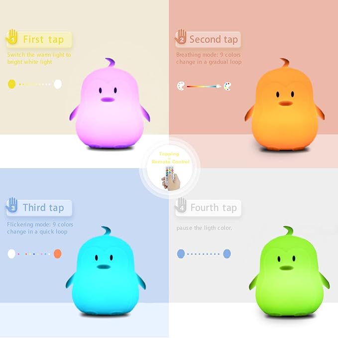 WHA&DARREN Penguin Night Light for Kids, Children Lamp Portable Rechargeable Silicone Baby Night Light, Remote Controlled Children's Animal Lamp Kawaii