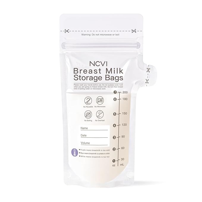 NCVI Breastmilk Storage Bags, 120 Count Milk Storage Bags for Breastfeeding, 7oz Breast Milk Storage Bags with Temp-Sensing, Doubled-Sealed, Hygienically, Self Standing, Easy Pour Spout, BPA Free