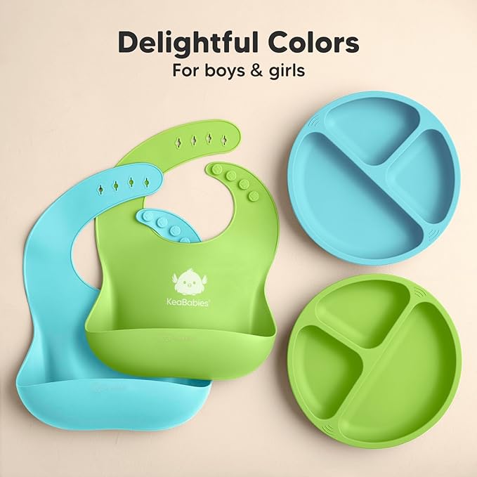 KeaBabies 2-Pack Silicone Baby Bibs for Eating - Sturdy Food-Grade Silicone Bibs for Babies Girl, Boy, Large Food Catcher, Clean & Put On Easily, Waterproof Toddler Feeding Essentials (Cloud Nine)