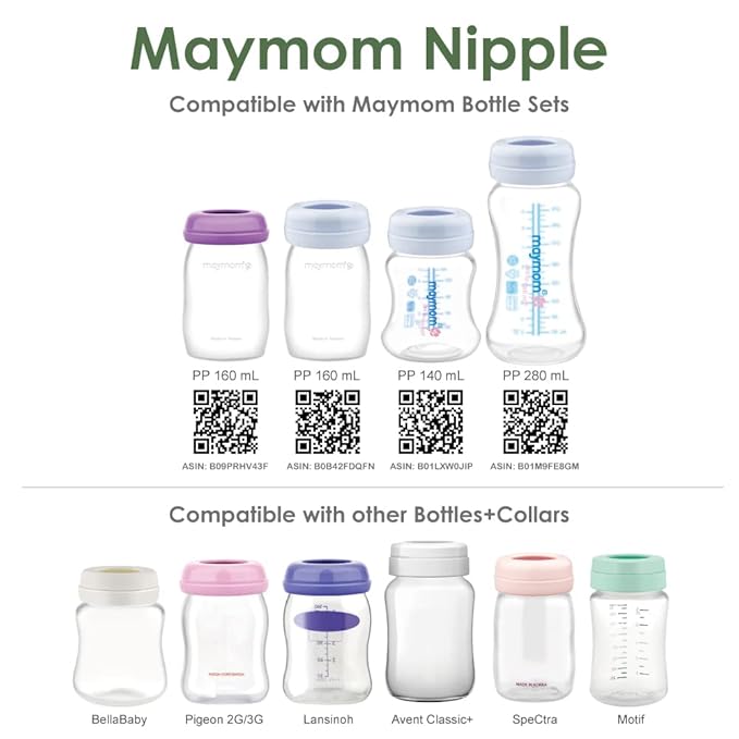 Maymom Wide-Mouth Milk Storage Collection Feeding Bottle with Nipple, Dome Cap, Bottle Top, SureSeal Disk; Compatible with Spectra/Luna Pumps; 4.7oz/140mL, 2pc & 9oz/280mL, 2pc
