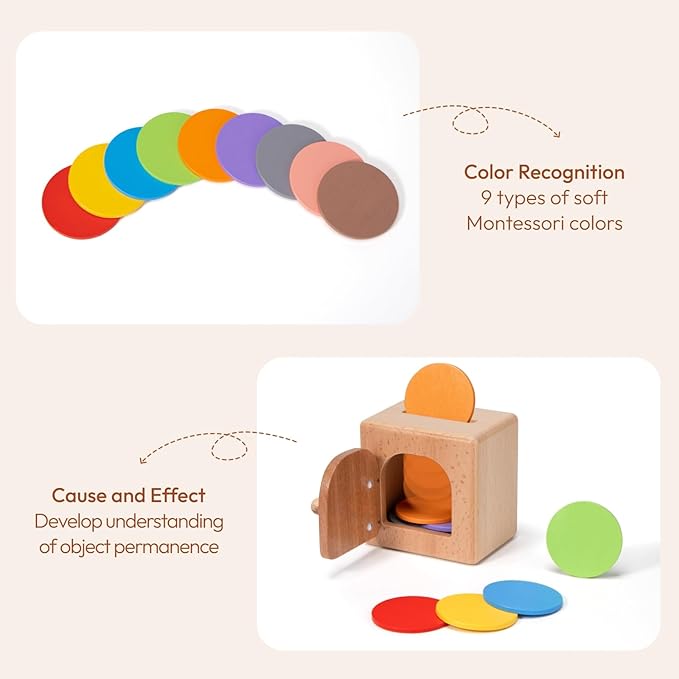 Woodtoe Montessori Coin Box for Toddlers, Montessori Toys for 1 2 3 Year Old, Fine Motor Skills Toys, Wooden Color Sorting Sensory Toy, Object Permanence Learning Matching Travel Game for Boys Girls