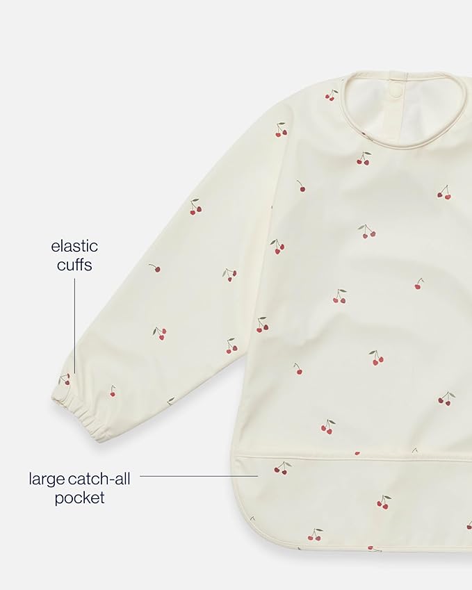 Lalo Smock Bib - Long Sleeve Bib for Infants and Toddlers - Elastic Cuffs, Large Catch-All Pocket, Waterproof Recycled Polyester - Easy to Clean for Mealtime and Art Time - Cherry Infant