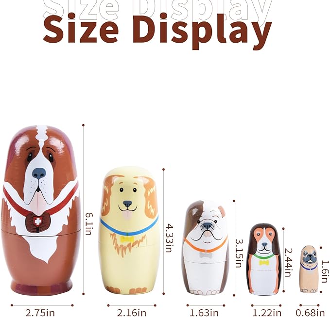 Nesting Dolls, 5Pcs 6" Tall Russian Nesting Dolls, Handmade Matryoshka for Kids, Wooden Stacking Toys for Christmas Home Wedding Party Decorations (Dog)