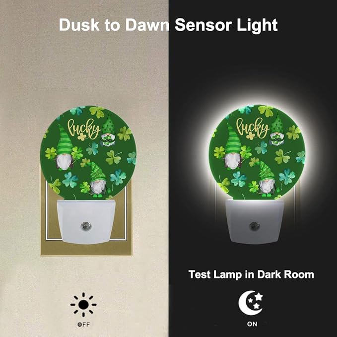 St Patrick Day Cute Gnomes Night Light Lucky Four Leaf Clover Green Night Lights Plug into Wall with Light Sensors Auto on/Off for Holiday Gifts for Boys Girls Women Teen
