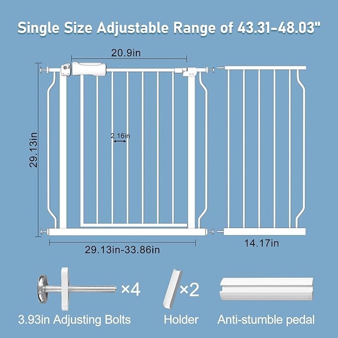 ALLAIBB Extra Wide Pressure Mount Baby Gate Auto Close White Metal Child Dog Pet Safety Gates with Walk Through for Stairs,Doorways,Kitchen and Living Room(43.31-48.03"/110-122cm)
