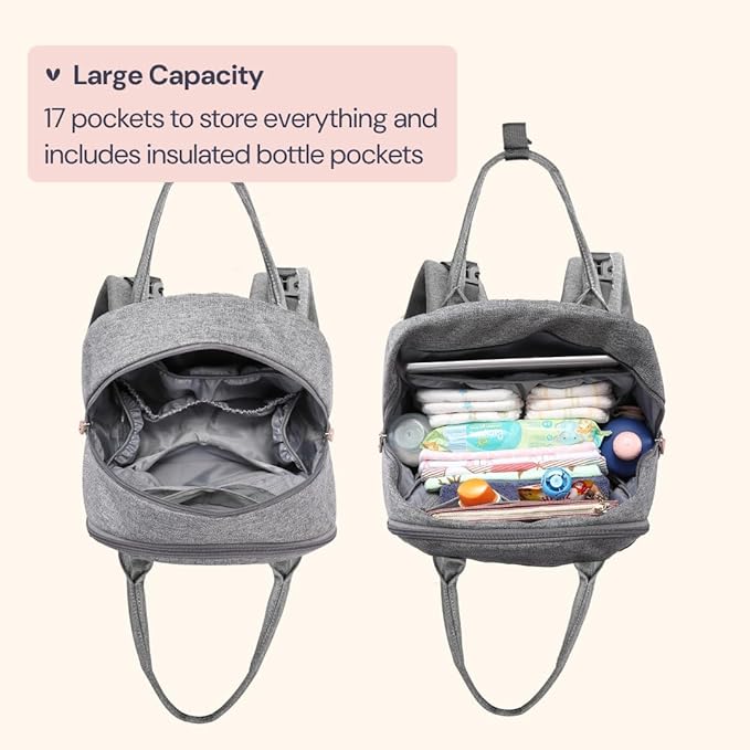 BabbleRoo Diaper Bag Backpack - Baby Essentials Travel Tote - Multi Function Waterproof Diaper Bag, Travel Essentials Baby Bag with Changing Pad, Stroller Straps & Pacifier Case - Unisex, Light Gray