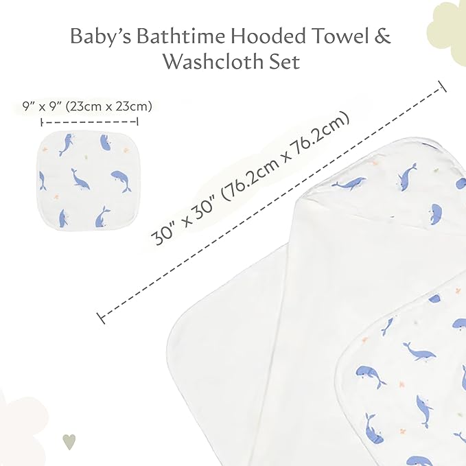 Bamboo Viscose Baby Hooded Towel & Washcloth Set for Babies and Toddlers, Soft & Absorbent, 70% Viscose from Bamboo, 30% Cotton Muslin - Imported (Whale)
