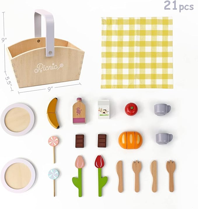 Wooden Picnic Basket Play Food Set – 21 PCS Pretend Kids Kitchen Toy with Blanket, Cutting Fruit & Dual Place Settings – Imaginative Outdoor Role-Play Gift for Toddlers Ages 3+